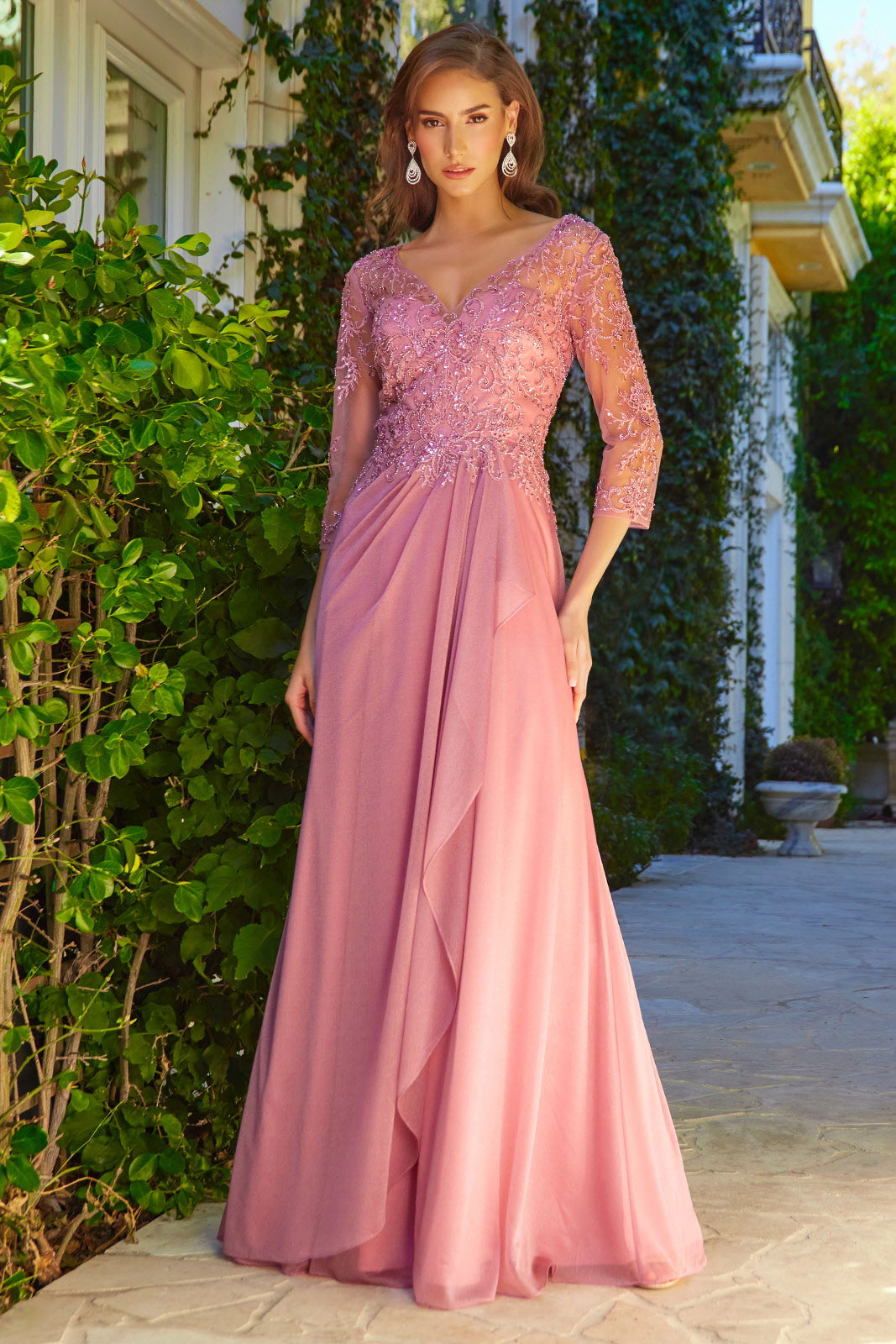 A-Line Evening Gown | Beaded Lace Bodice with 3/4 Sleeves | Mother of the Bride Dress GL3574