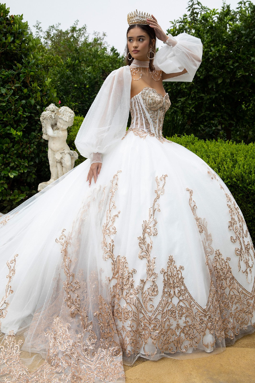 White and Gold Embroidered Ball Gown with Sheer Sleeves GL3578