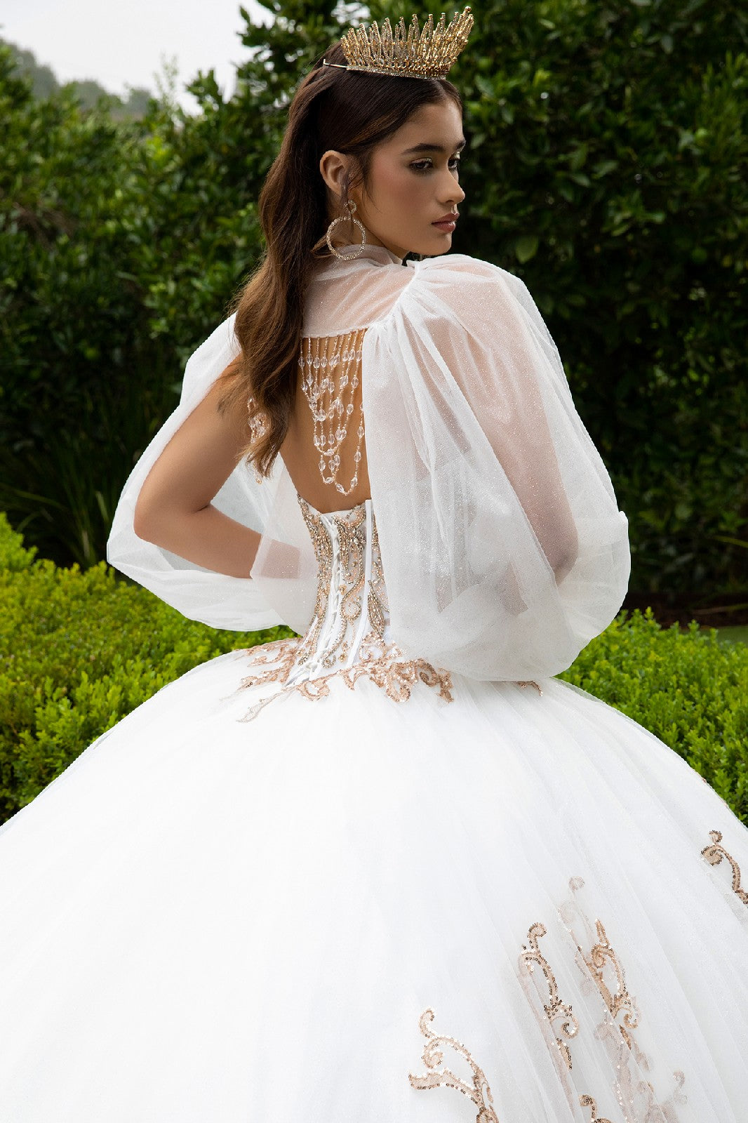 White and Gold Embroidered Ball Gown with Sheer Sleeves GL3578 | SMCDress White and Gold Embroidered Ball Gown with Sheer Sleeves GL3578 | SMCDress