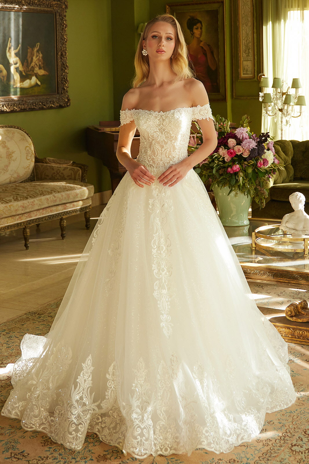 Off-Shoulder Lace A-Line Wedding Gown with Embroidered Tulle Skirt  Ivory  Elegance | SMCDress