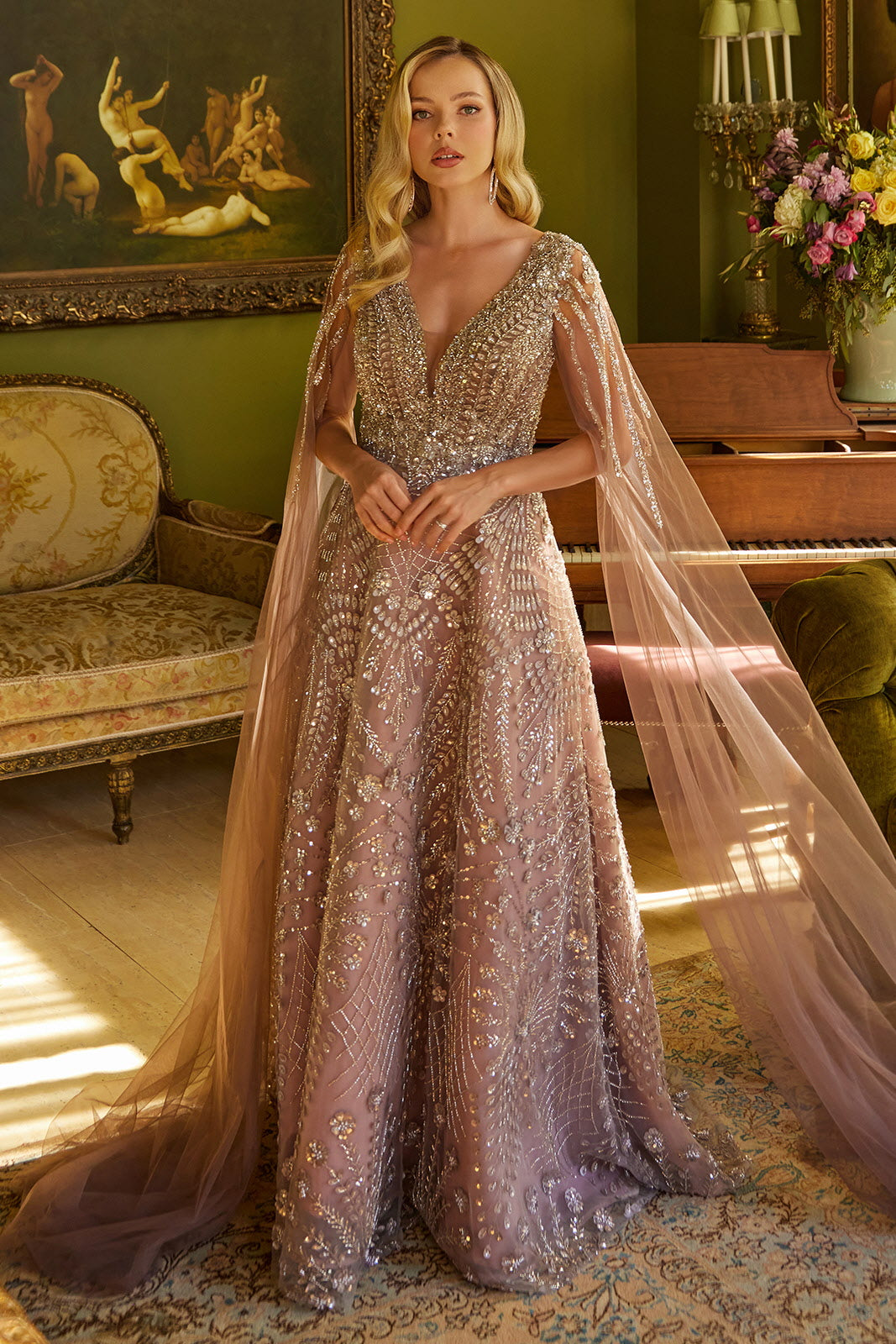 Mauve Beaded Gown with Sheer Cape Sleeves and V-Neckline – Glamorous Evening Dress