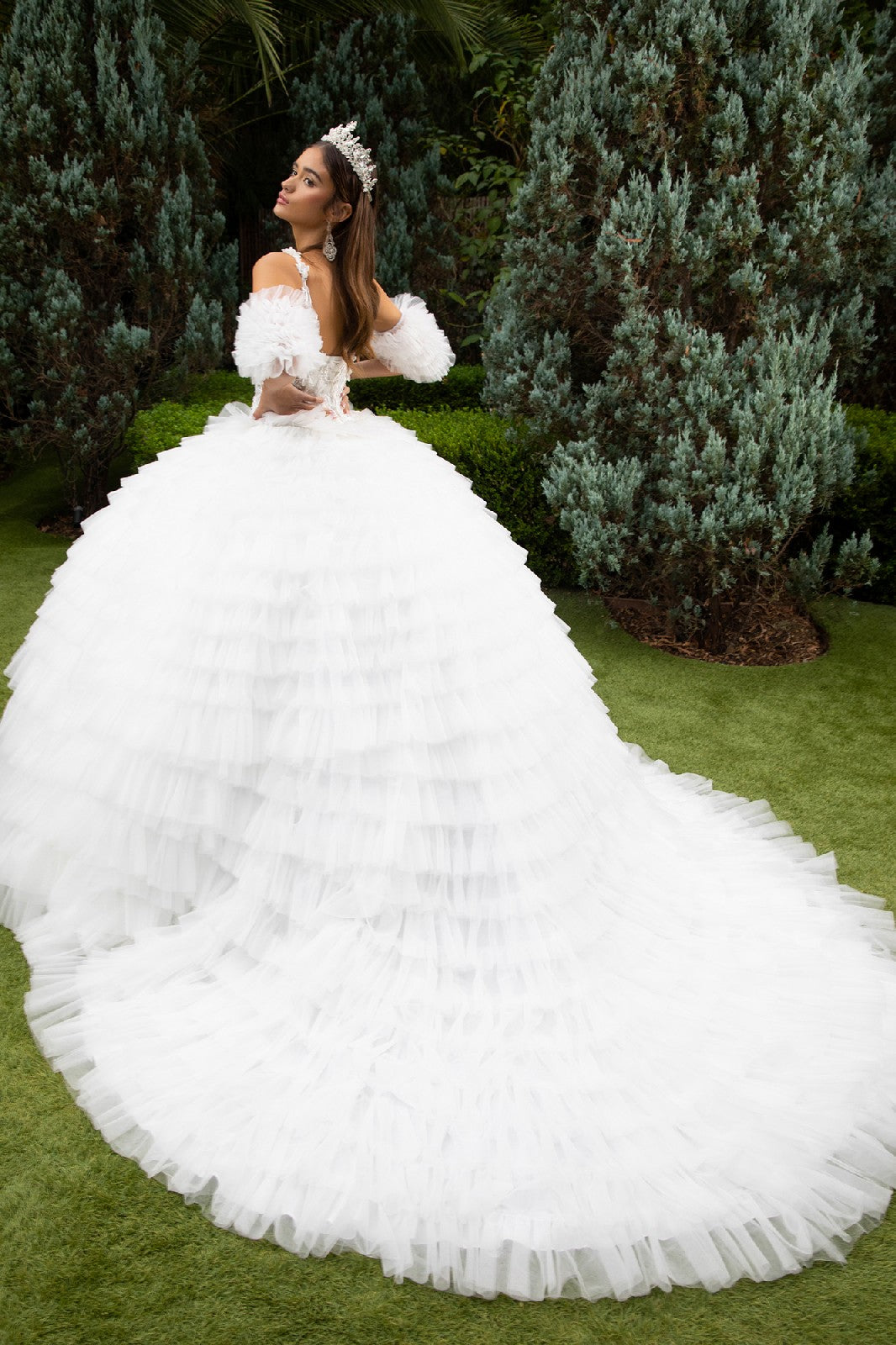 White Off-Shoulder Quinceañera Ball Gown with Tiered Tulle Skirt and Appliqué Corset Bodice GL3610