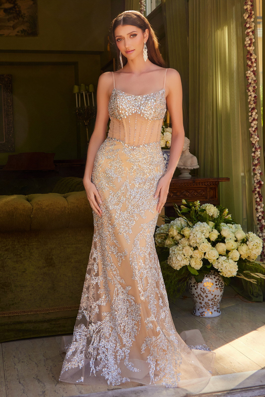 mesh corset dress 3-D Flower Jewel Sheer Bodice A-line Long GLGL3377 and an invisible back zip for easy on and off Illusion Mesh Gown with Silver