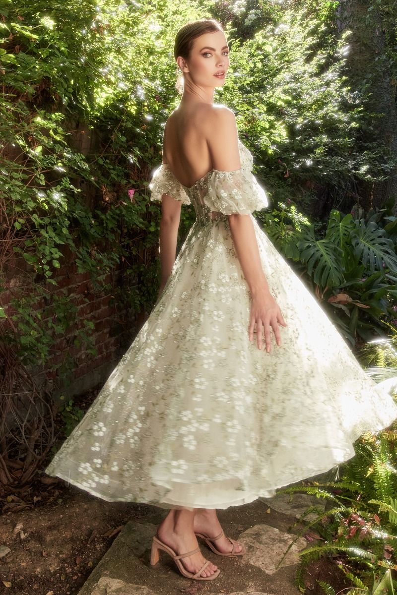 Enchanting Embroidered Tea Length Wedding Dress 6 Ivory Green