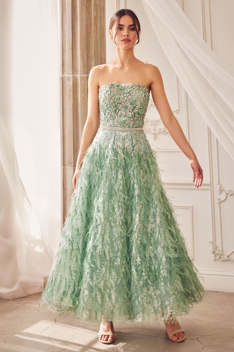 tea length sage green dress STRAPLESS FEATHER CDA1226 RD-01.27.26