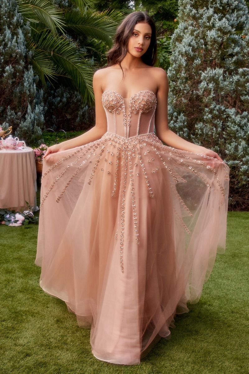 Blush Nude, Dusty Blue | Off-Shoulder Beaded Tulle Gown with