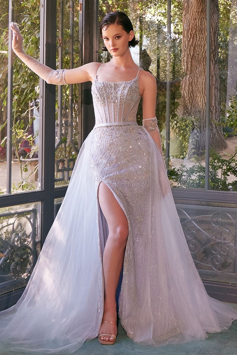 BEADED LIGHT BLUE GOWN & REMOVABLE TULLE OVERSKIRT CDA1361
