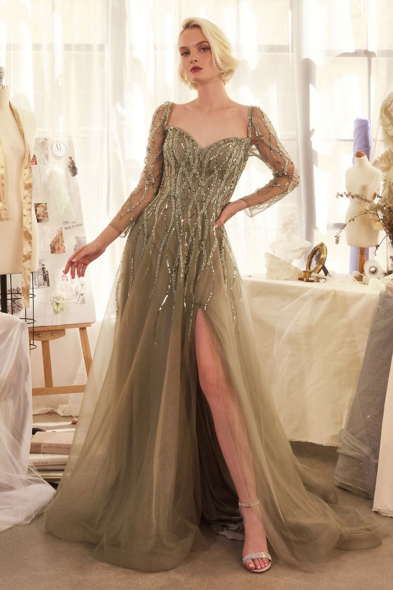 SEQUIN EMBELLISHED LONG SLEEVE A-LINE DRESS CDA1367 | SMCDress