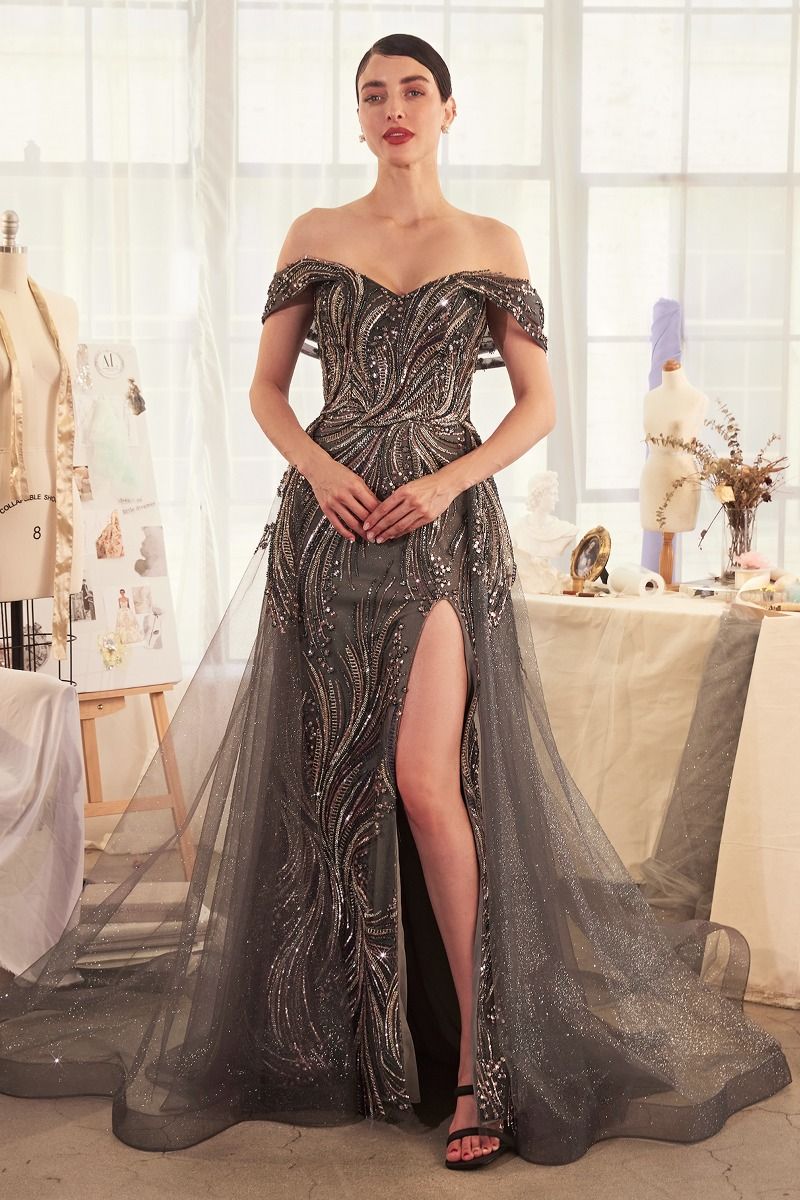 Midnight Sparkle: Silver Sequin Tulle Gown with Allure 10 / DARK-SILVER Dark Silver Off-Shoulder Sequin Gown with Tulle Overlay and High Slit – Glamorous  Evening Dress | SMCDress