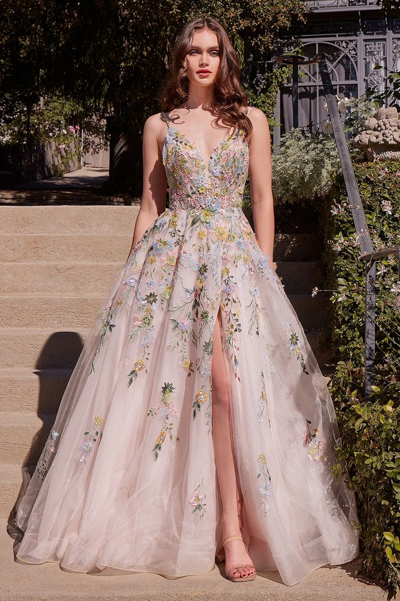 Blush Multicolor Floral Embroidered Gown | A-Line Tulle Dress with Slit & Deep V Neck A1460 | SMCDress Blush Multicolor Floral Embroidered Gown | A-Line Tulle Dress with Slit & Deep V Neck A1460 | SMCDress