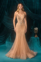 Stunning Nude Beaded Tulle Gown CDA1501 - Cinderella Divine Prom Dress