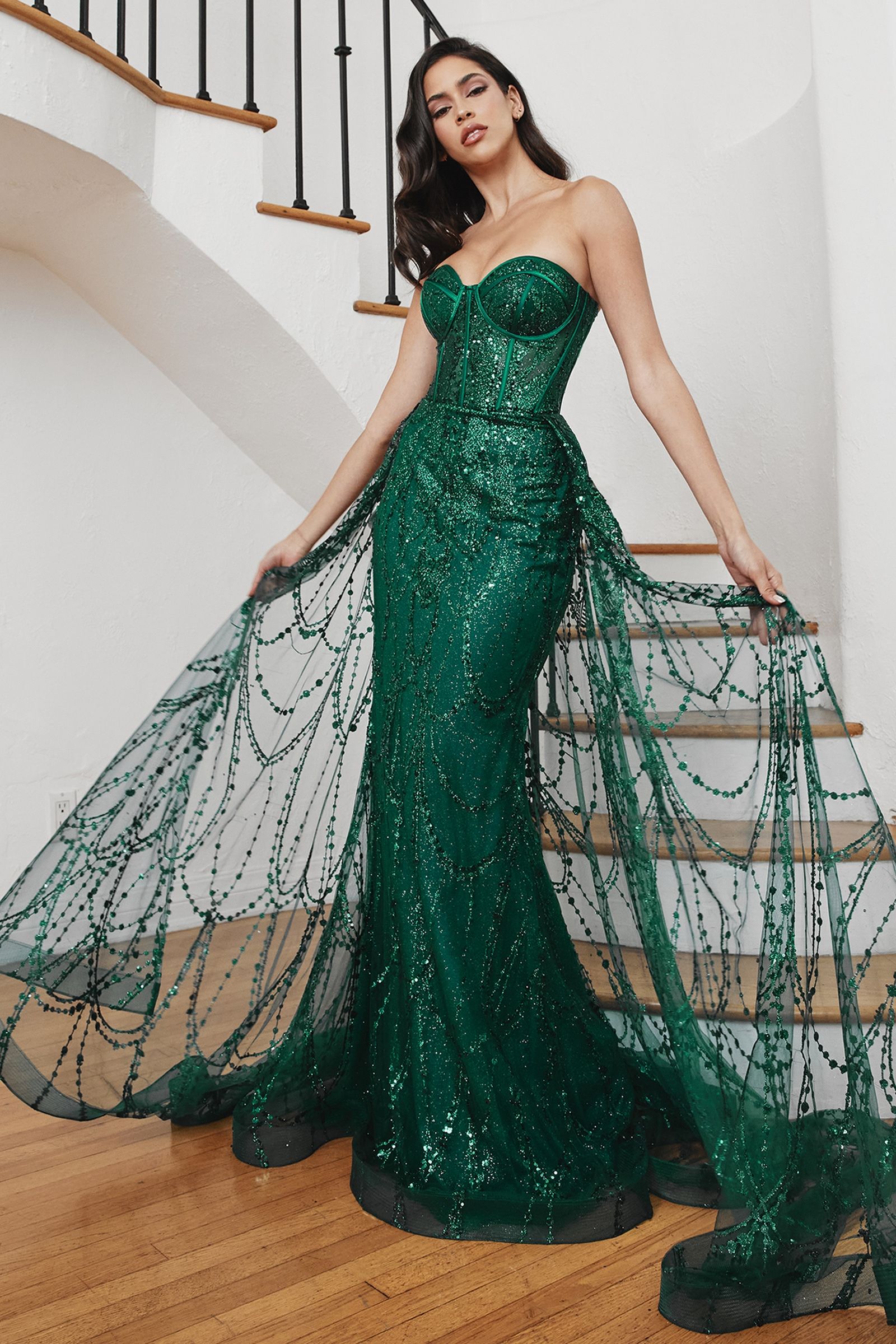 STRAPLESS LACE FITTED GOWN WITH OVER SKIRT CDCB095 | SMCDress STRAPLESS LACE FITTED GOWN WITH OVER SKIRT CDCB095 | SMCDress