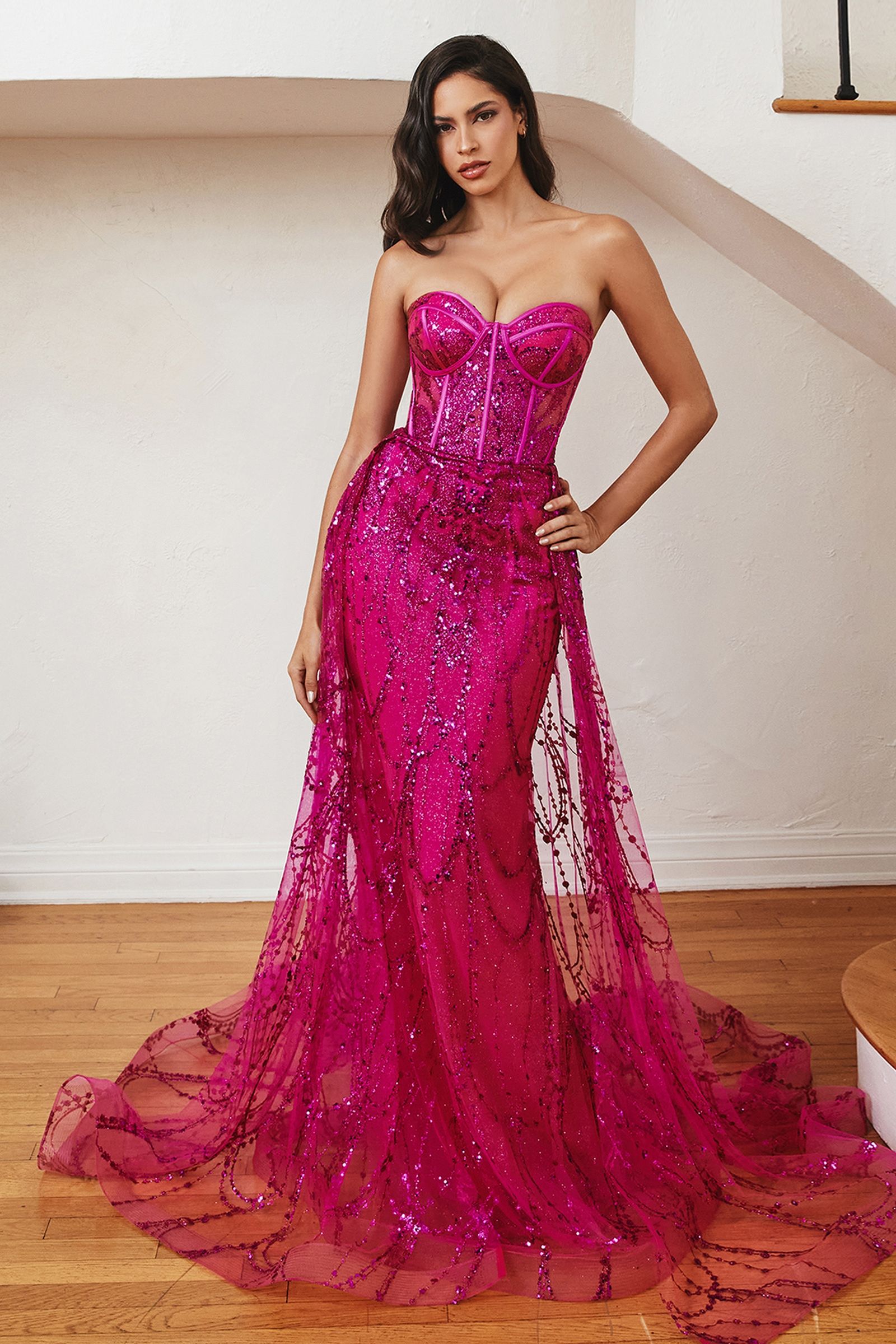 Beaded Corset Mermaid Gown with Detachable Overskirt