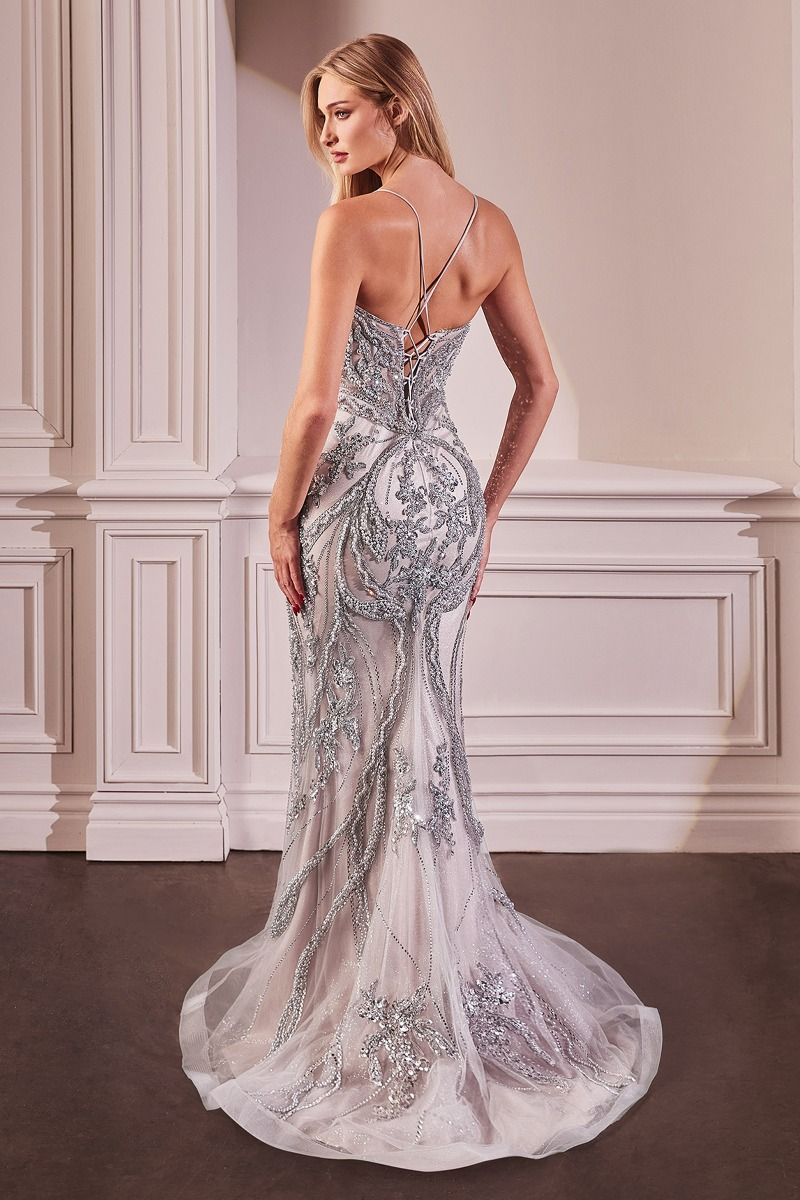 Glamour Embellished Mesh Mermaid Gown with Plunging Illusion