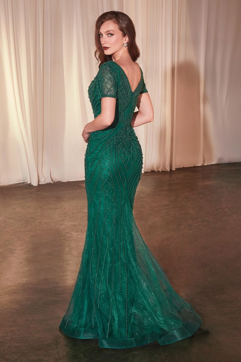 Embellished V-Neck Fitted Evening Gown with Beaded Short Sleeves | SMCDress Embellished V-Neck Fitted Evening Gown with Beaded Short Sleeves | SMCDress
