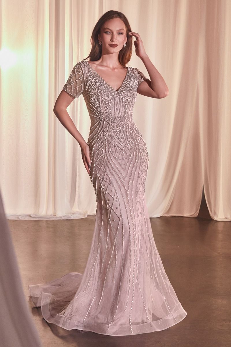 SHORT SLEEVE BEADED FIT & FLARE GOWN CDCC4019 | SMCDress SHORT SLEEVE BEADED FIT & FLARE GOWN CDCC4019 | SMCDress