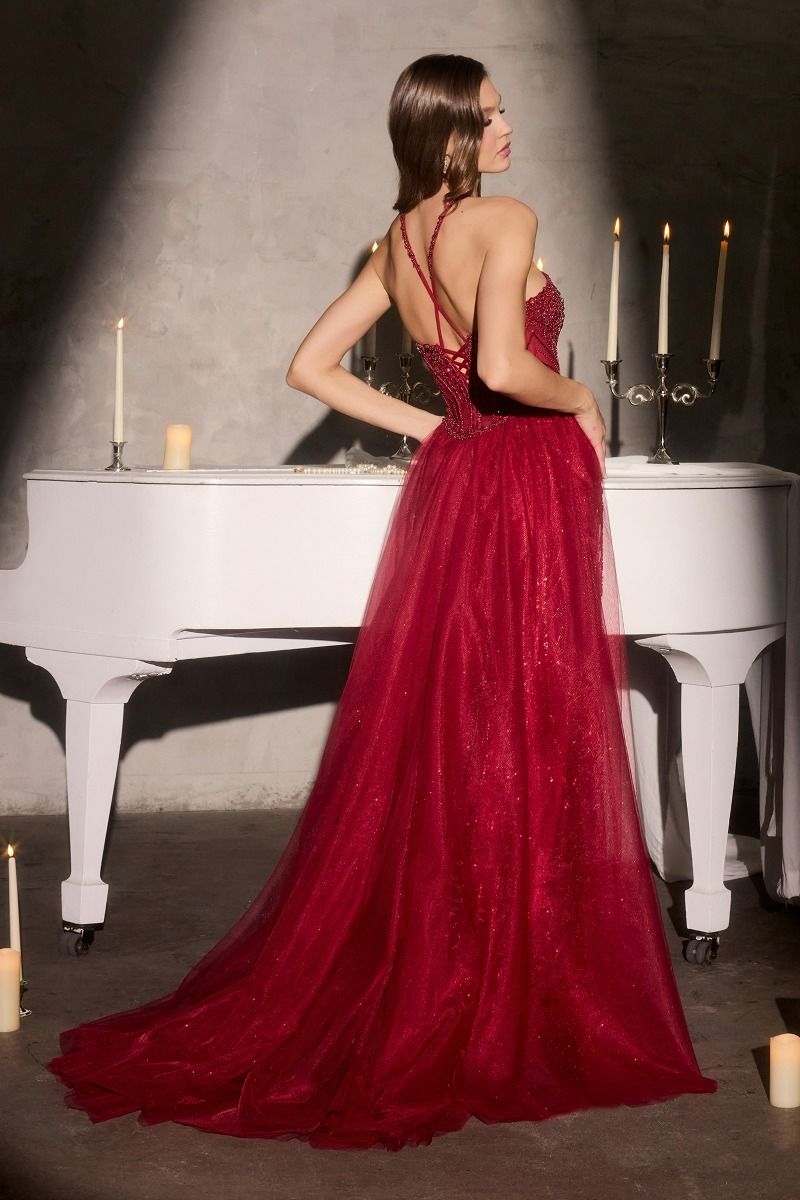 Stunning Red Beaded Lace Gown CDCC495 - Cinderella Divine Prom Dress