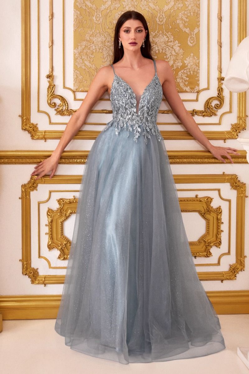 A-Line Layered Tulle Open Back Illusion V-Neck Long Prom