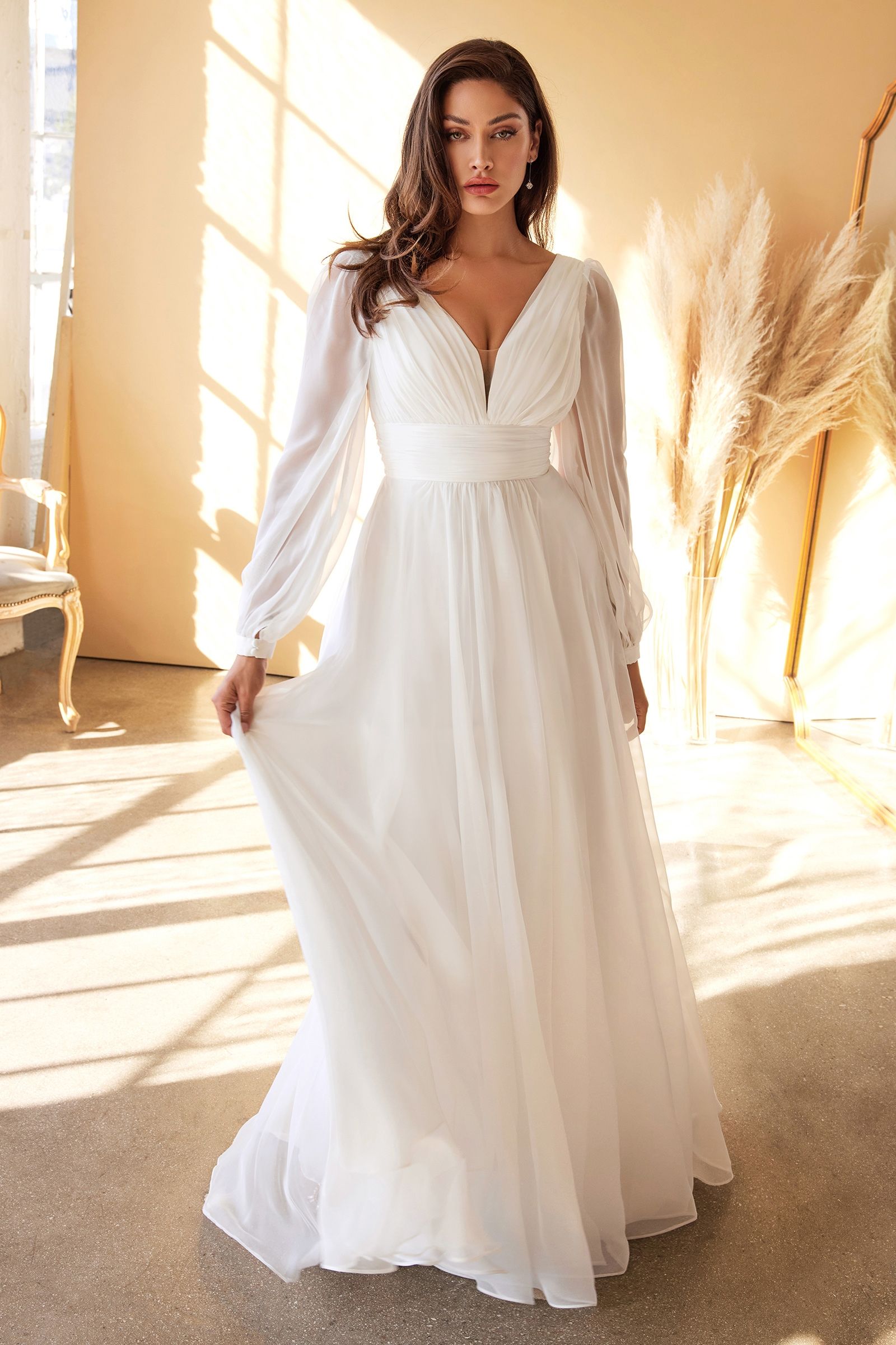 white long sleeve maxi wedding dress CHIFFON LONG SLEEVE BRIDAL GOWN CDCD0192W