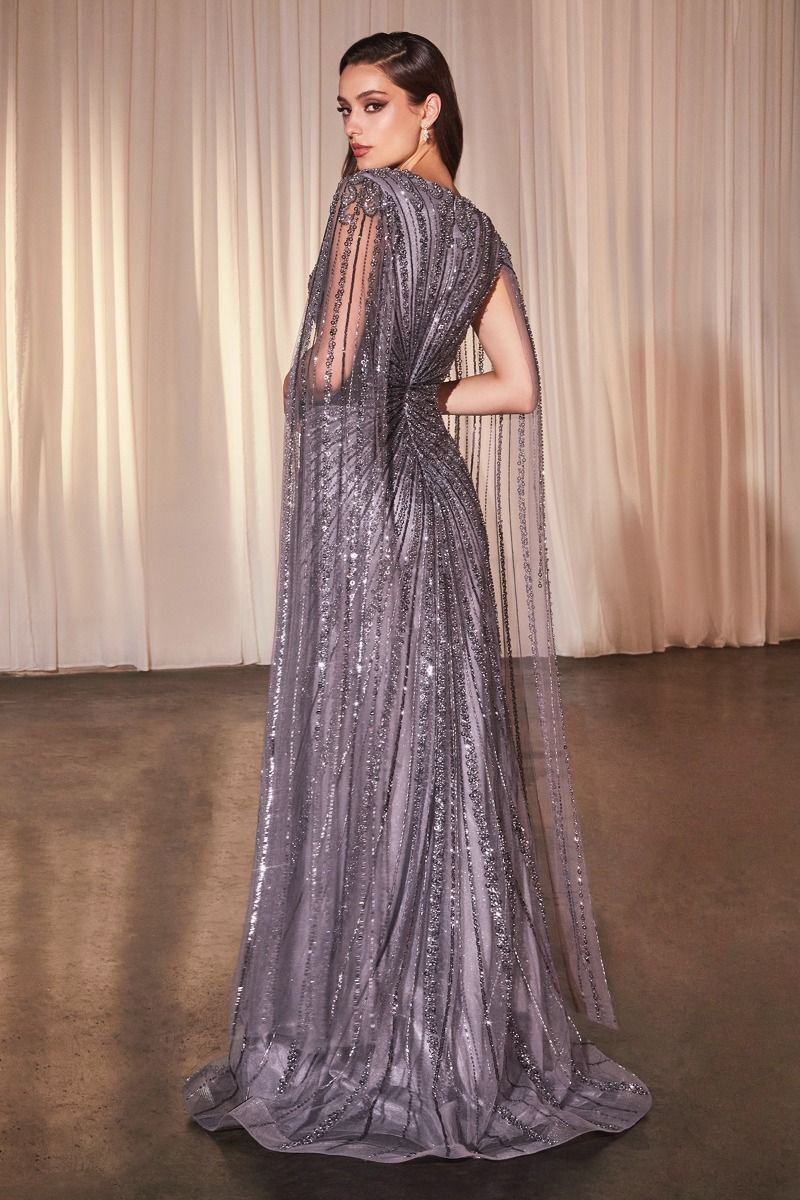 Silver Sequin Cape Sleeve Gown – Glamorous V-Neck Evening