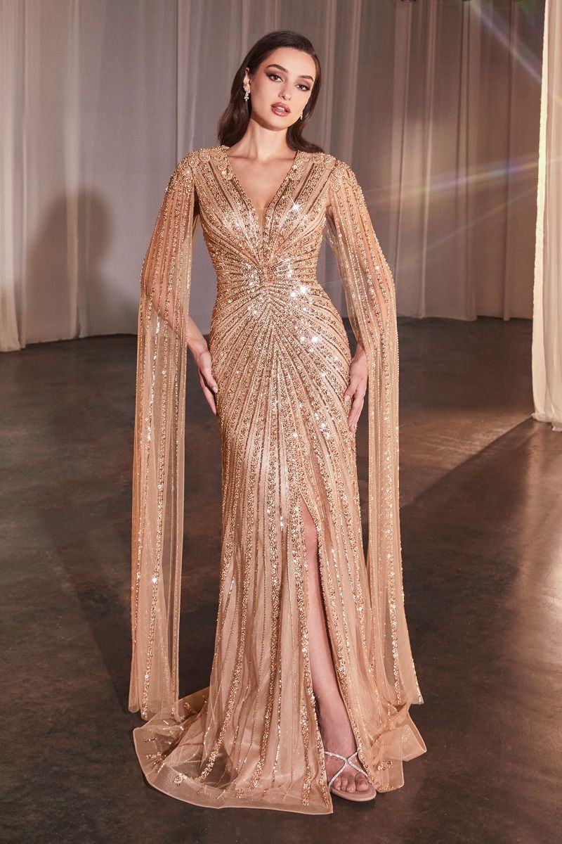 LONG SLEEVE FULLY BEADED SHEATH GOWN CDCD0239