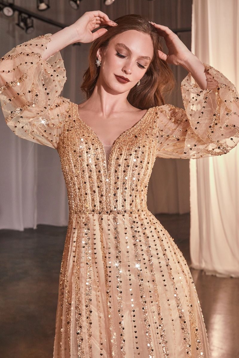 knee length dresses for ladies A Line Long Sleeve Sequin Formal Dress main image 1