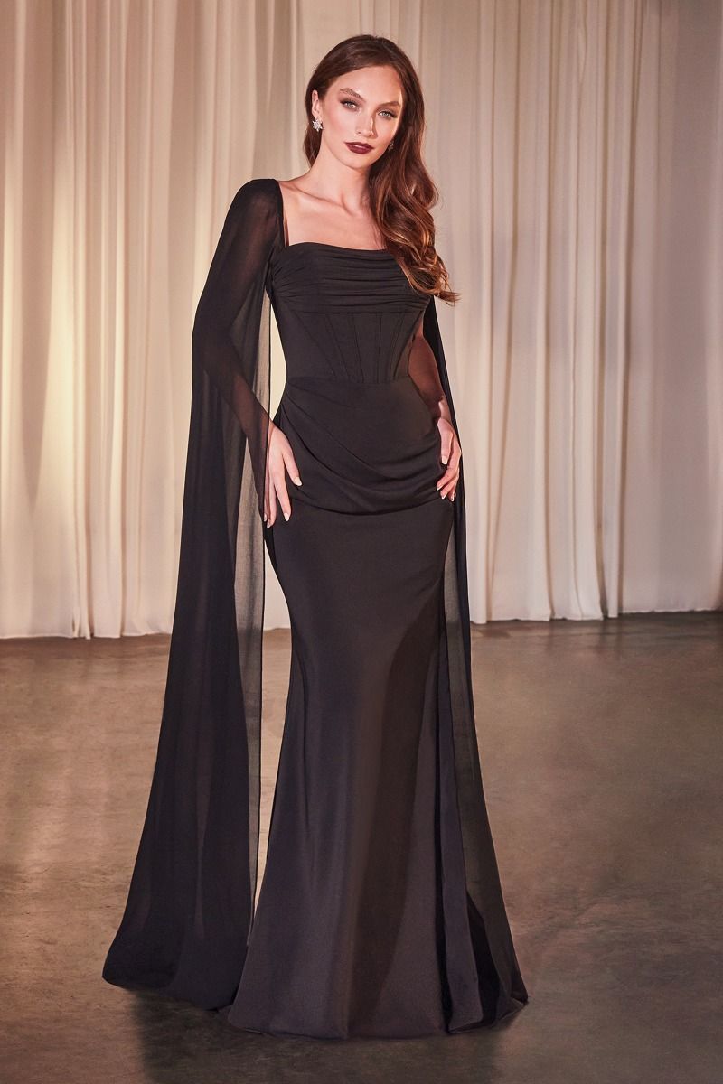 Regal Cape Sleeve Fitted Gown – Royal Blue & Black Evening Regal Cape Sleeve Fitted Gown – Royal Blue & Black Evening