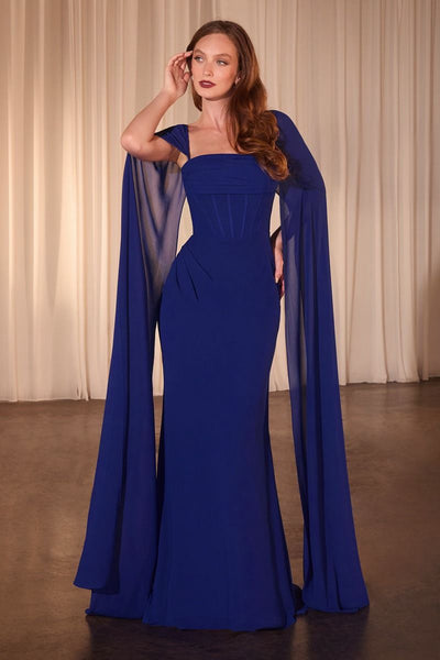Regal Cape Sleeve Fitted Gown – Royal Blue & Black Evening