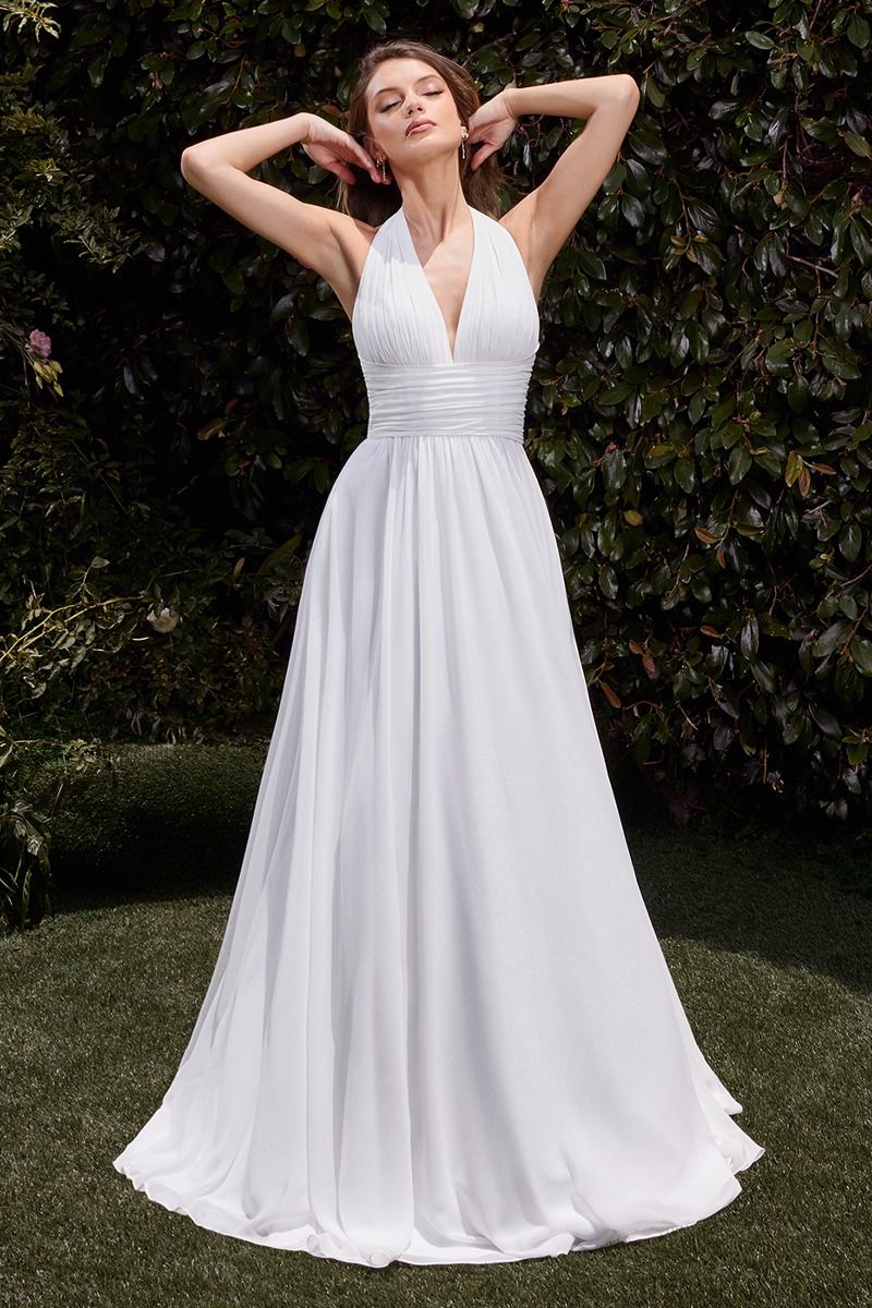 White Halter A-Line Gown with Pleated Bodice and Flowing Skirt