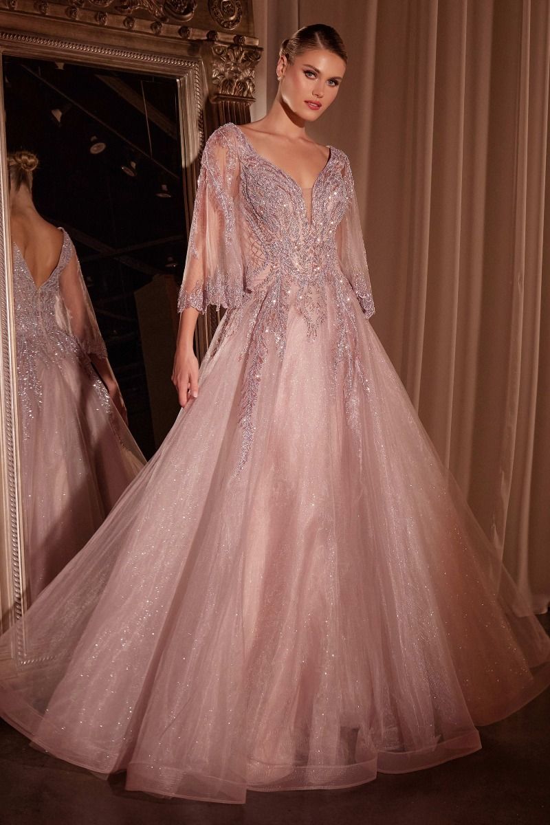 Elegant Mauve A-Line Evening Gown with Cape Sleeves