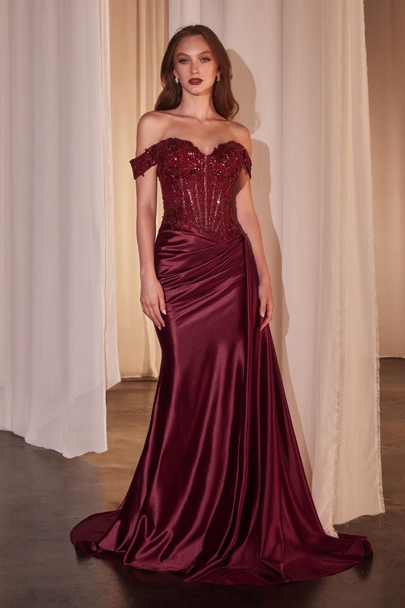 OFF THE SHOULDER LACE & SATIN FITTED GOWN CDCD803 | SMCDress OFF THE SHOULDER LACE & SATIN FITTED GOWN CDCD803 | SMCDress