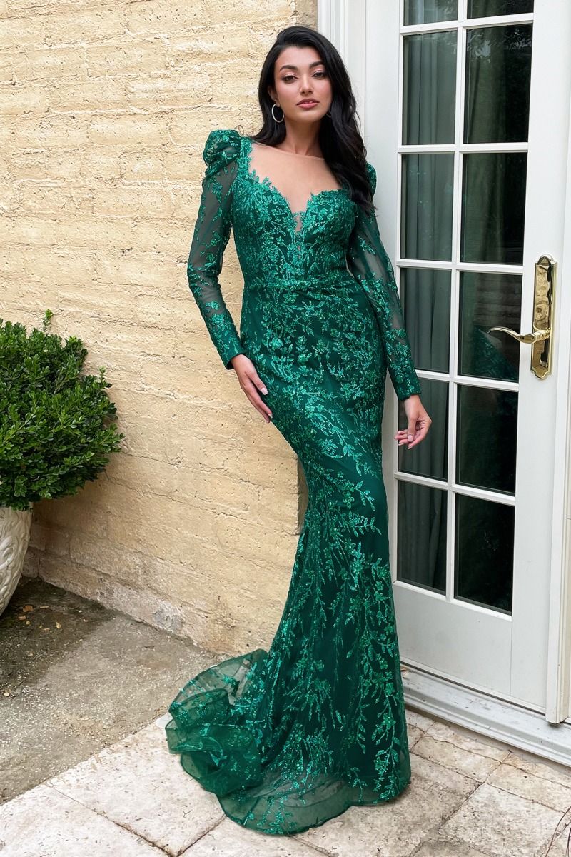 Long Sleeve Emerald Green Prom Dress LONG SLEEVE GLITTER PRINT DRESS  CDCD989 SMCDress