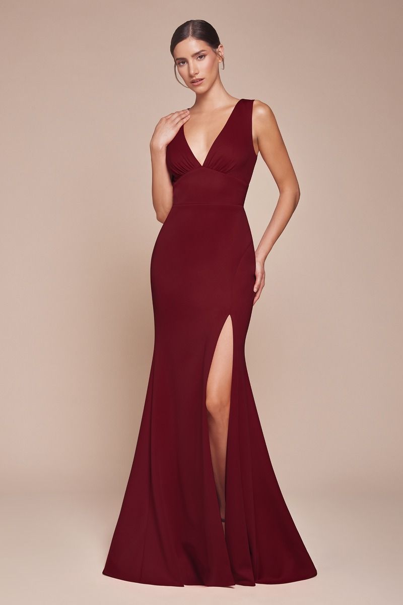 elegant burgundy dresses for women Elegant Deep V-Neck Sleeveless Formal Gown with High Slit – Burgundy,  Emerald, and Plum