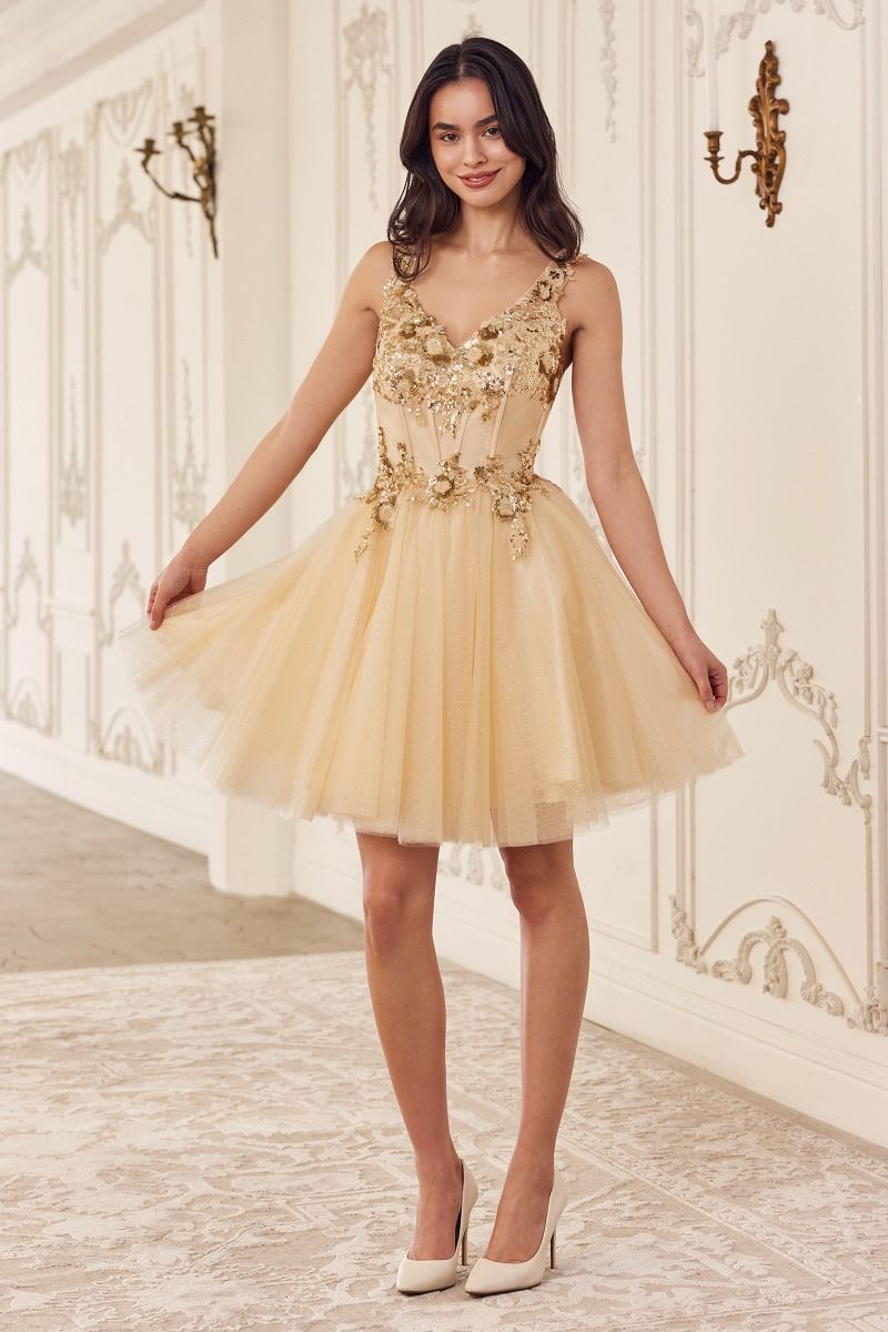 gold beaded dress short A Line V Neck Short Yellow Beaded Prom Dresses, Short Yellow Beaded Fo –  jbydress main image 0