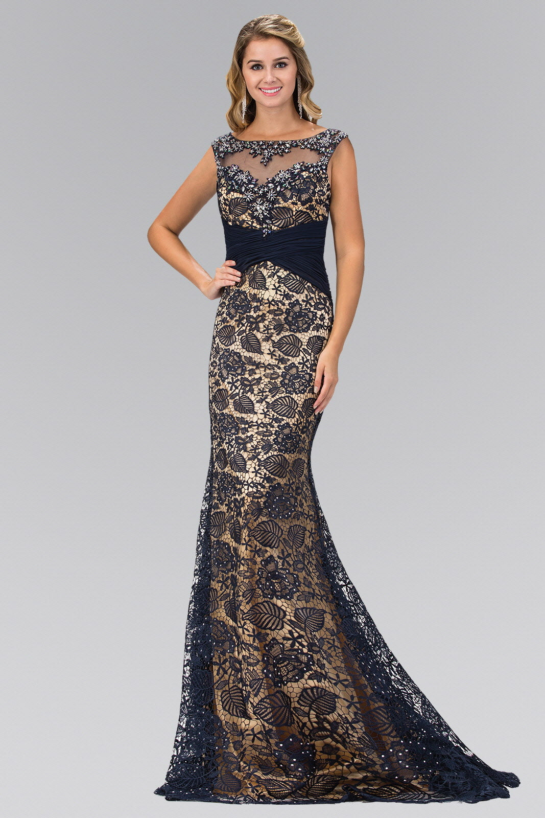 lace and beads embellished dress Long Pearl Corset Prom Dress: Ladivine CC8801 Rose Gold / 0