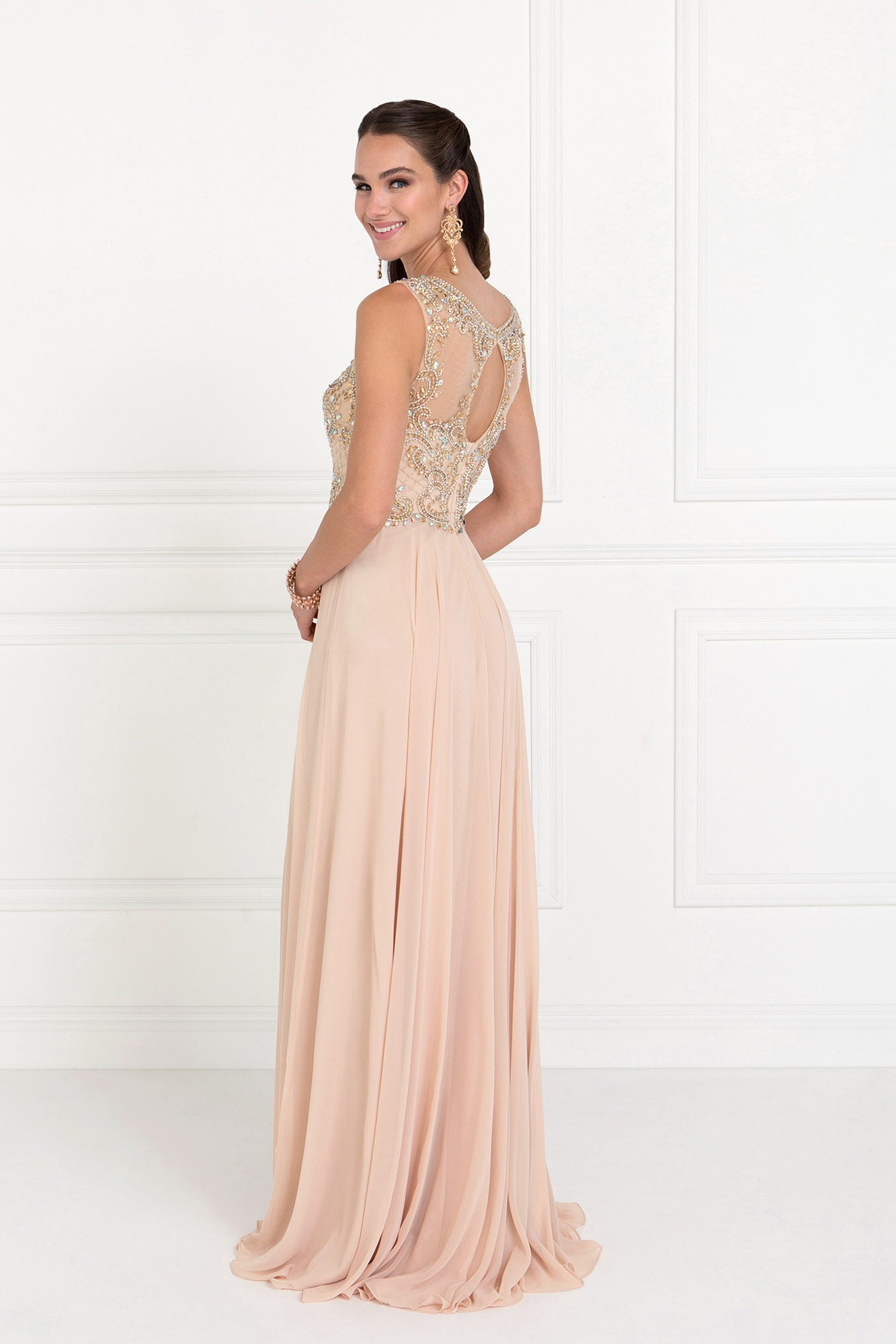 Rhinestones Illusion Sweetheart top Open Back Bodice | Chiffon A-Line Long Prom & Bridesmaid Dress with Cut-Out Back | Elegant Gown GLGL1572