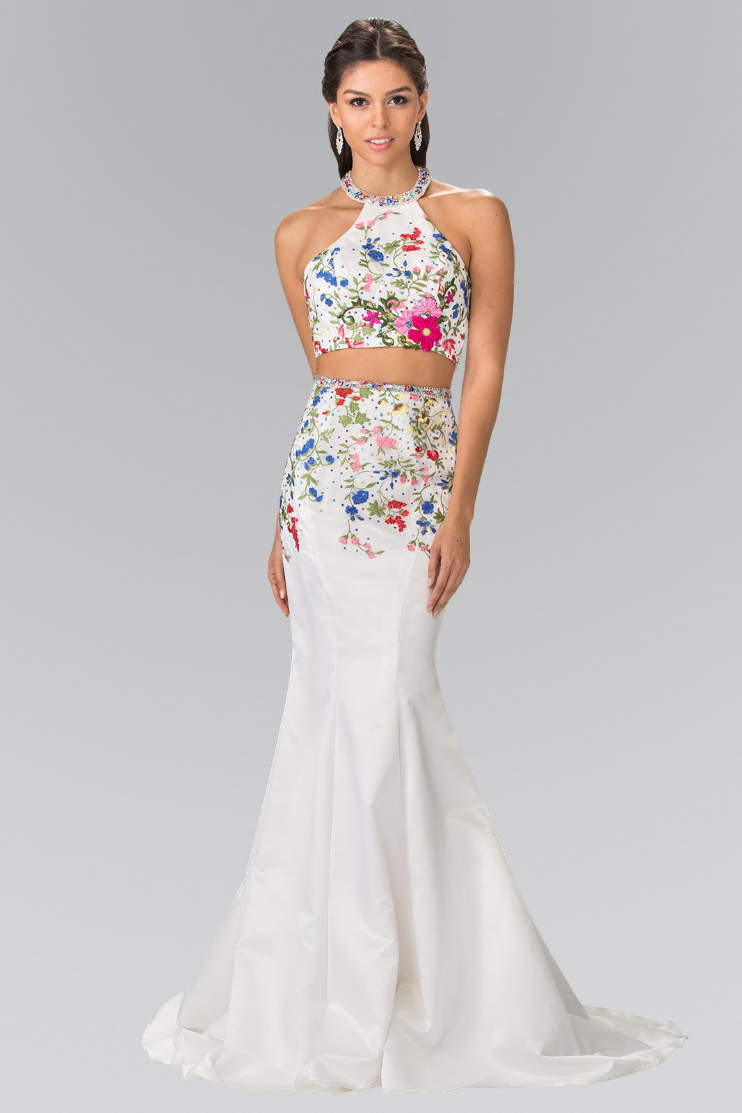 Two-Piece Floral Embroidered Satin Prom Dress with Halter-Neck and Mer –  SMCDress