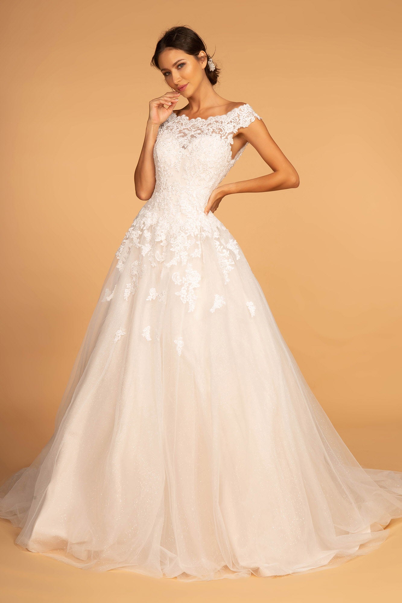 mesh neckline wedding dress Boat-Neck Embroidered Mesh A-Line Wedding Gown GLGL2596