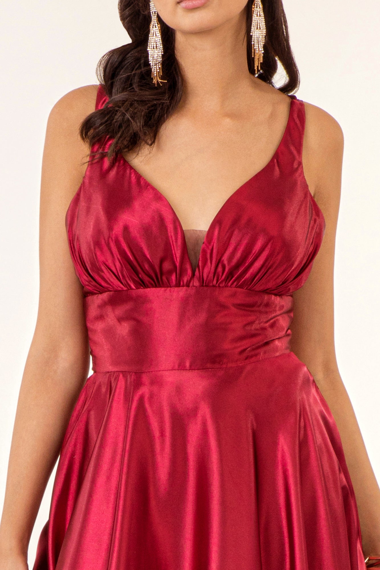 V-Neck Wide Waistband A-Line Satin Long Dress /w Slit - Mask