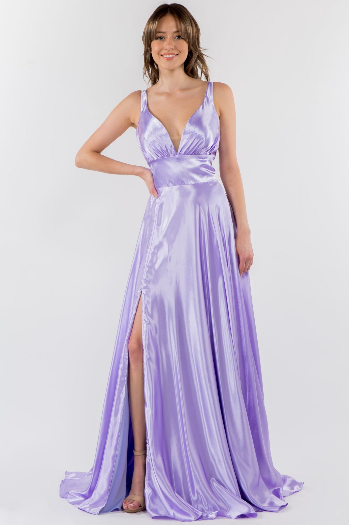 V-Neck Wide Waistband A-Line Satin Long Dress /w Slit - Mask