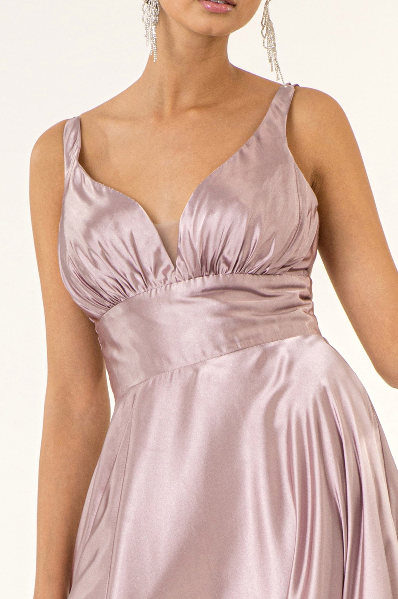 V-Neck Wide Waistband A-Line Satin Long Dress /w Slit - Mask