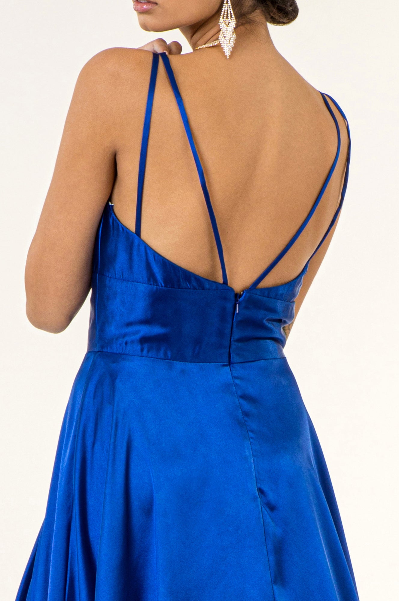 V-Neck Wide Waistband A-Line Satin Long Dress /w Slit - Mask V-Neck Wide Waistband A-Line Satin Long Dress /w Slit - Mask