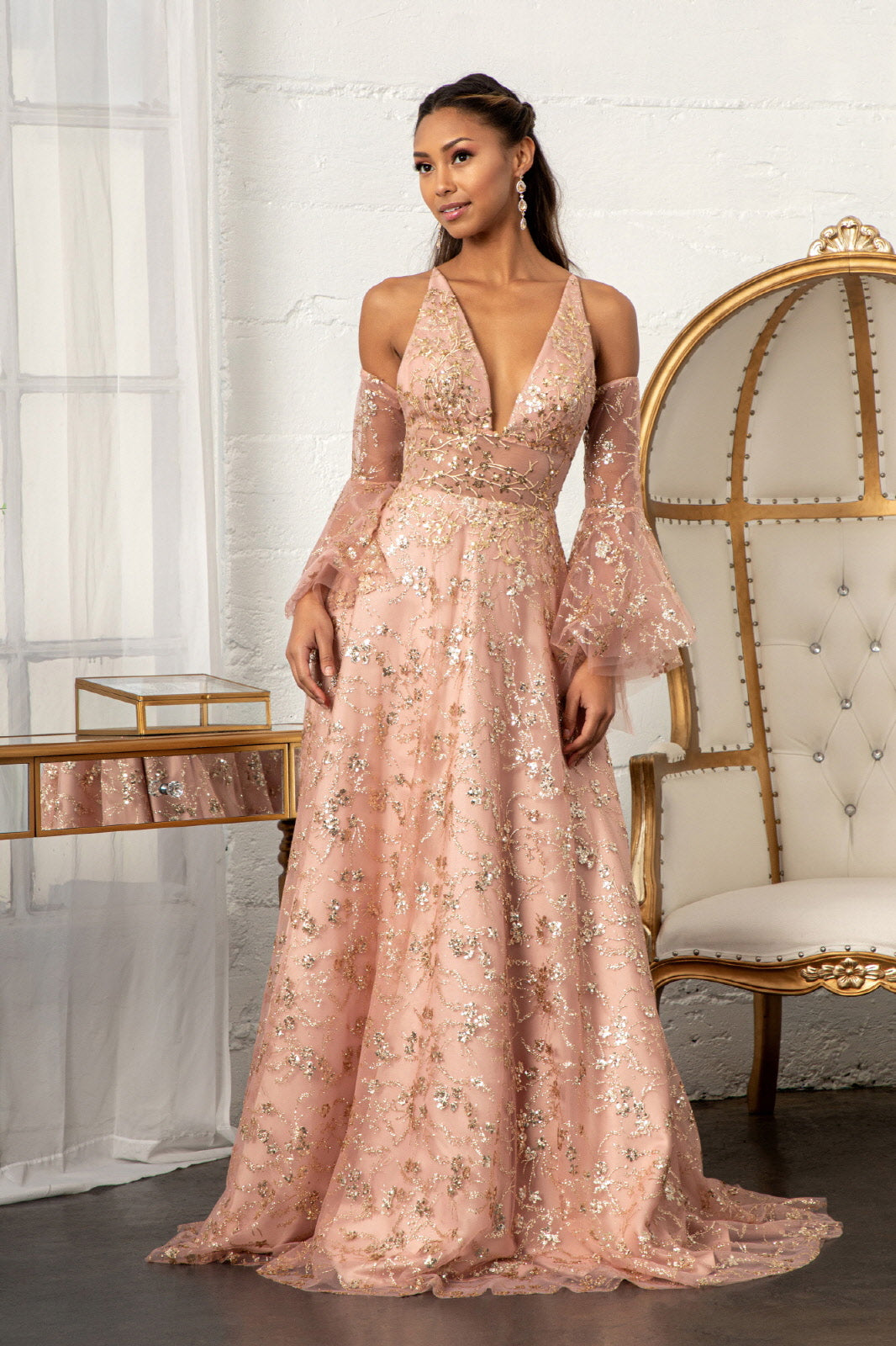 Sheer Waistline V-Neck Glitter Mesh Prom Dress Detachable Mesh Sleeve GLGL3002