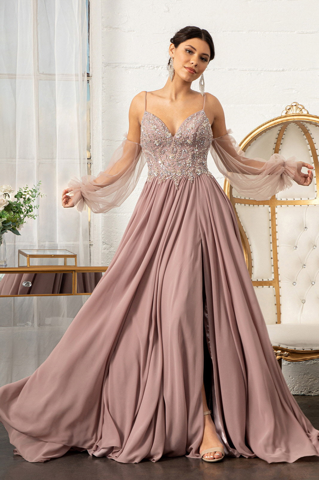 Detachable Mesh Sleeve V-Neck Chiffon Prom Dress GLGL3005 | SMCDress Detachable Mesh Sleeve V-Neck Chiffon Prom Dress GLGL3005 | SMCDress
