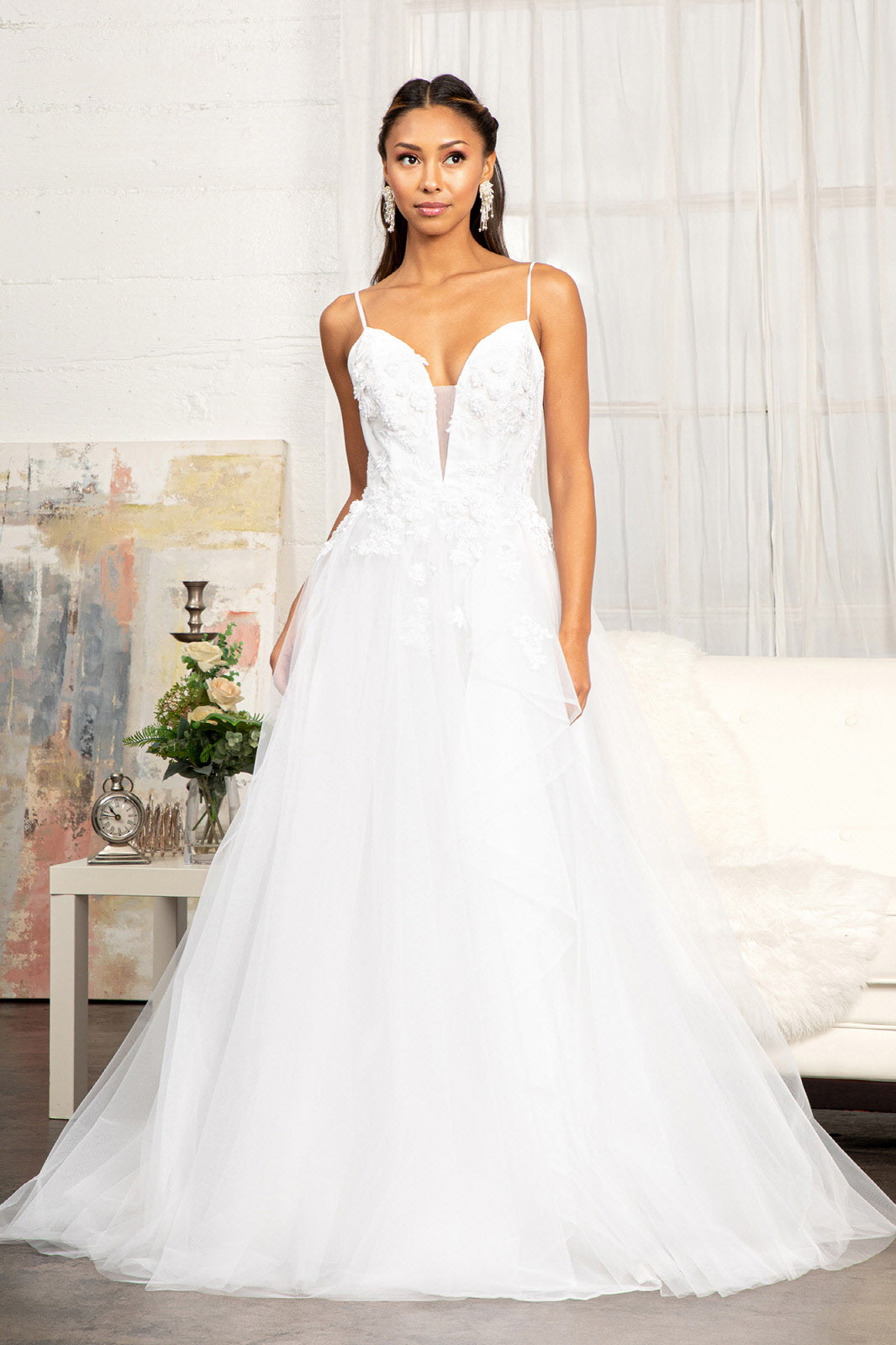 Embroidery & 3D Floral Applique Embellished V-Neck Mesh Wedding Dress GLGL3013