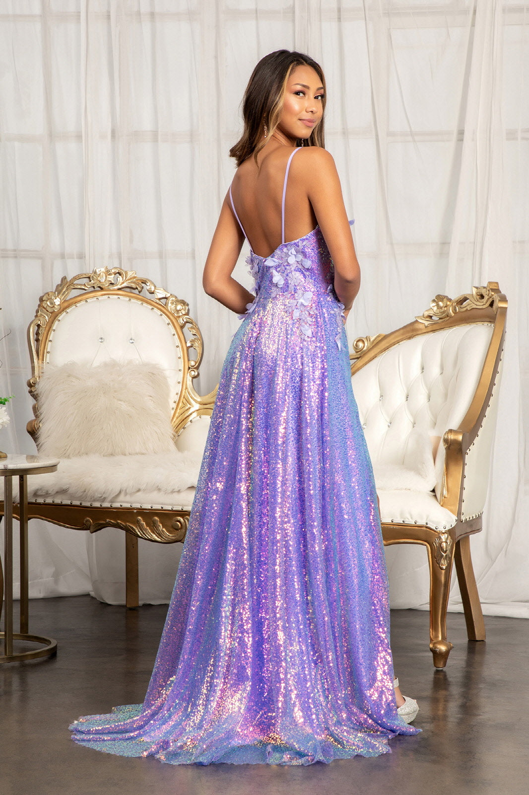 Full Iridescent Sequin V-Neck A-Line Prom Dress /w Leg Slit GLGL3027