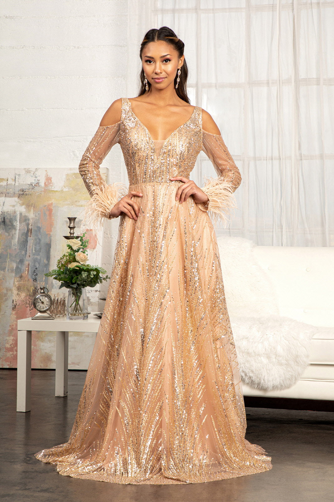 Feather-Wrist Embellished Glitter A-line Dress Cut-Away Long Sleeves GLGL3041