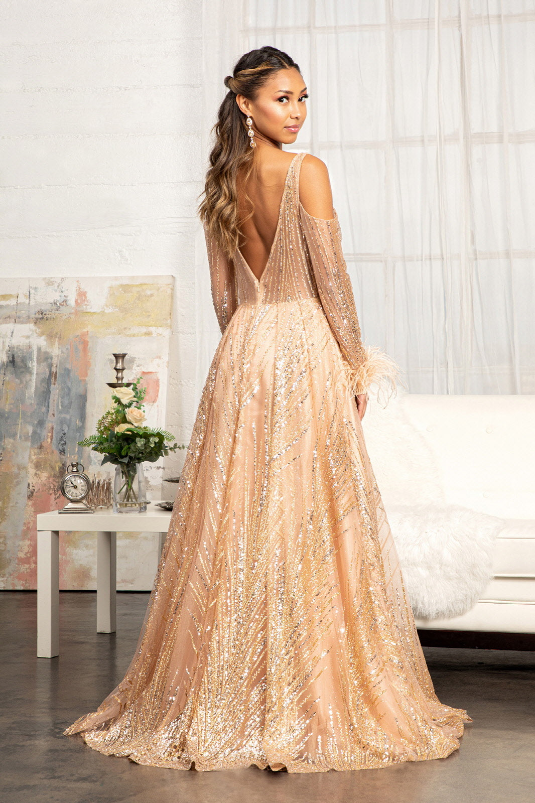 Feather-Wrist Embellished Glitter A-line Dress Cut-Away Long Sleeves GLGL3041