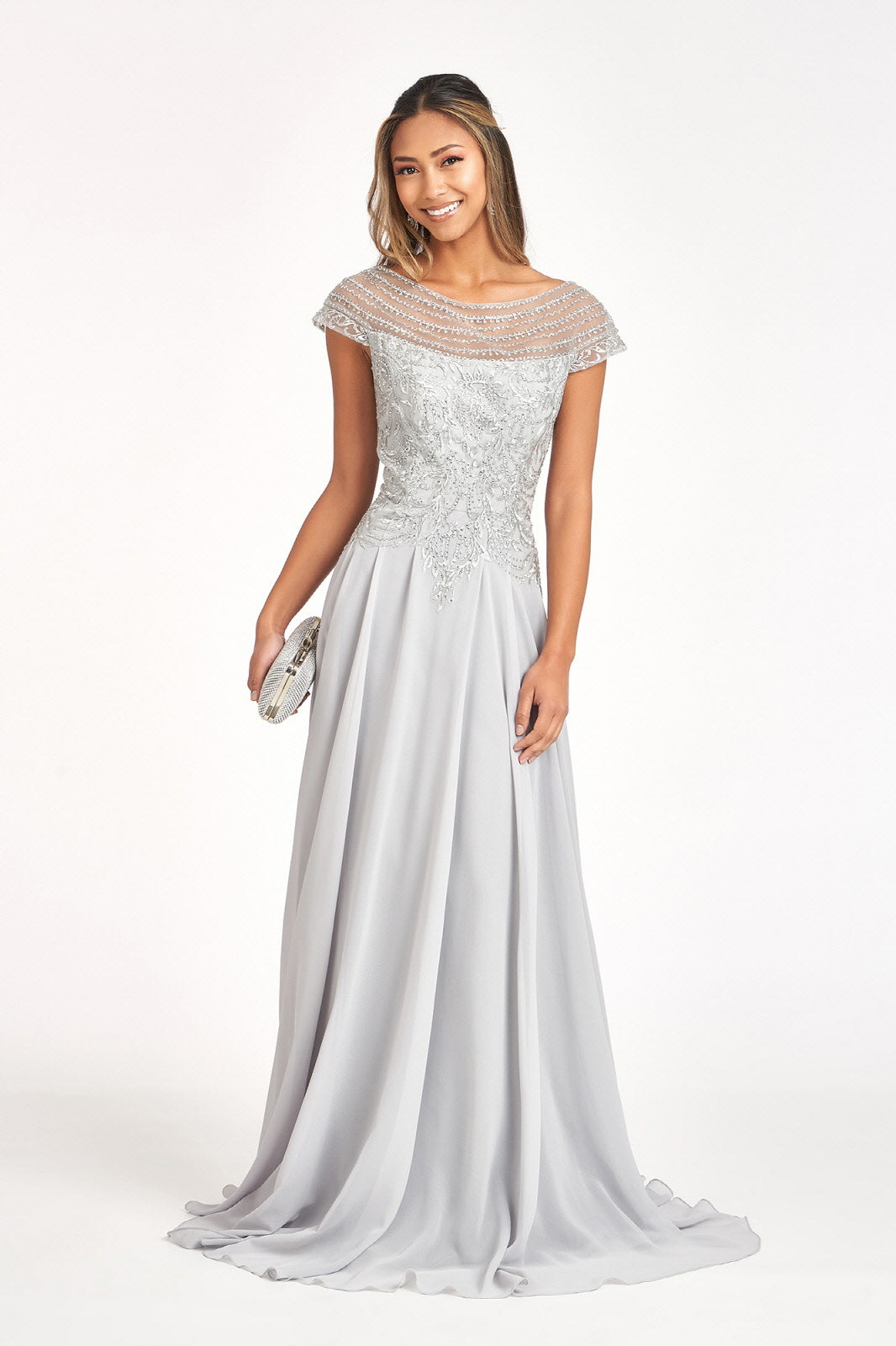 Beads Embellished Chiffon A-line Dress Cap Sleeves GLGL3065