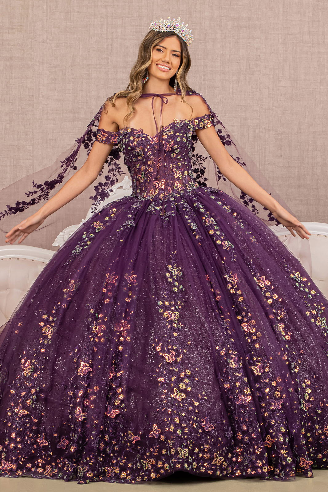 3-D Butterfly Sheer Bodice Quinceanera Gown Long Mesh Cape GLGL3171